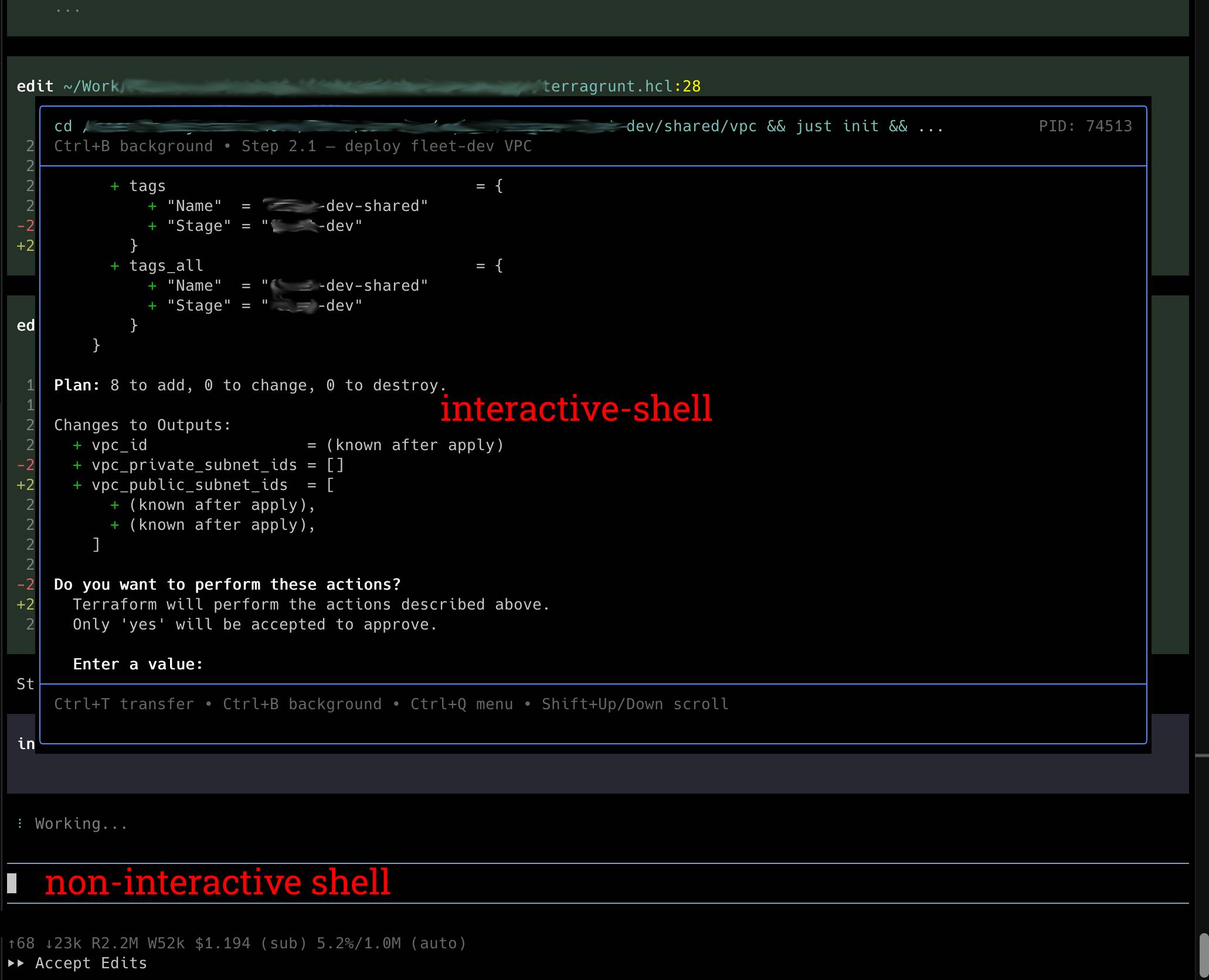 Interactive shell layered over the non-interactive agent shell